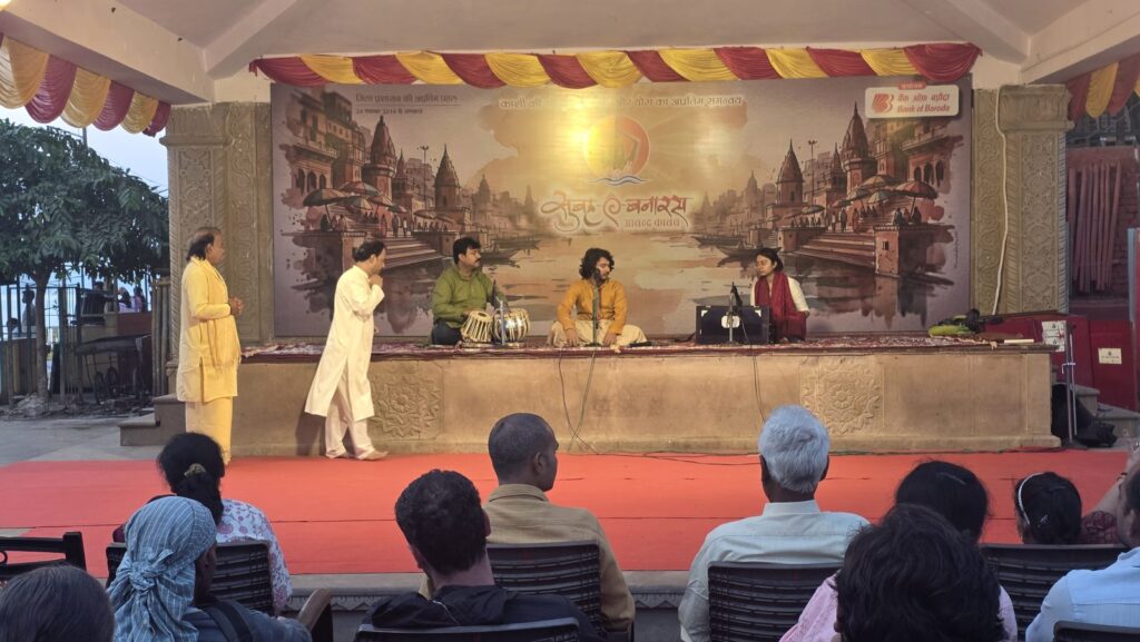 Musicians performing on the Subah-e-Banaras stage at Assi Ghat in the morning